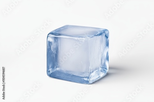 A blue ice cube is sitting on a white background