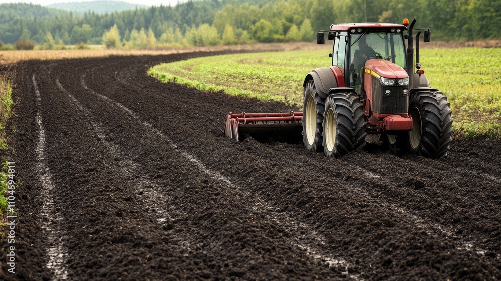 A plow attached to a modern tractor, cutting deep furrows into rich black soil A plow attached to a modern tractor, cutting deep furrows into rich black soil