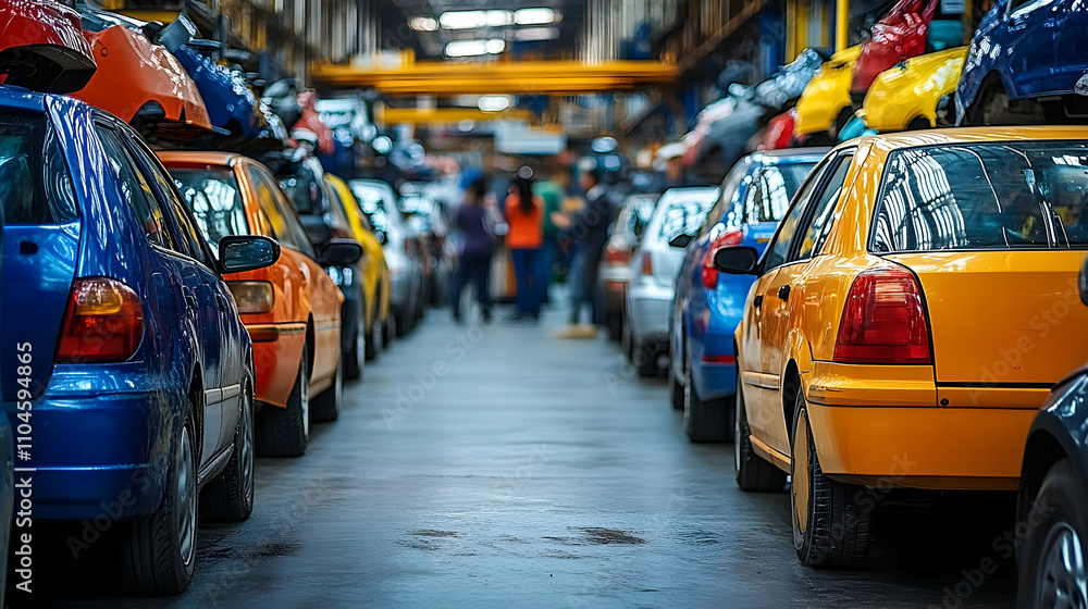 Colorful Cars Parked in a Row, Auto Salvage Yard, Vehicles Arranged in a Linear Fashion, Industry Setting, Background Image Colorful Cars Parked in a Row, Auto Salvage Yard, Vehicles Arranged in a Linear Fashion, Industry Setting, Background Image