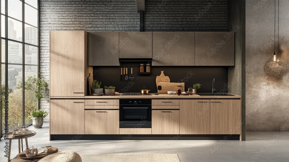 Modern Minimalist Kitchen with Natural Wood Cabinetry and Warm Lighting Modern Minimalist Kitchen with Natural Wood Cabinetry and Warm Lighting