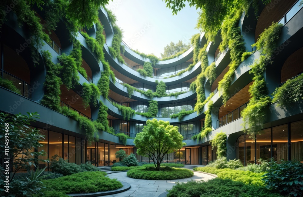 Fototapeta premium Modern eco-friendly office building stands in city center. Rich vertical garden covers building facade reducing carbon footprint. Sustainable design incorporates trees, plants. Green environment