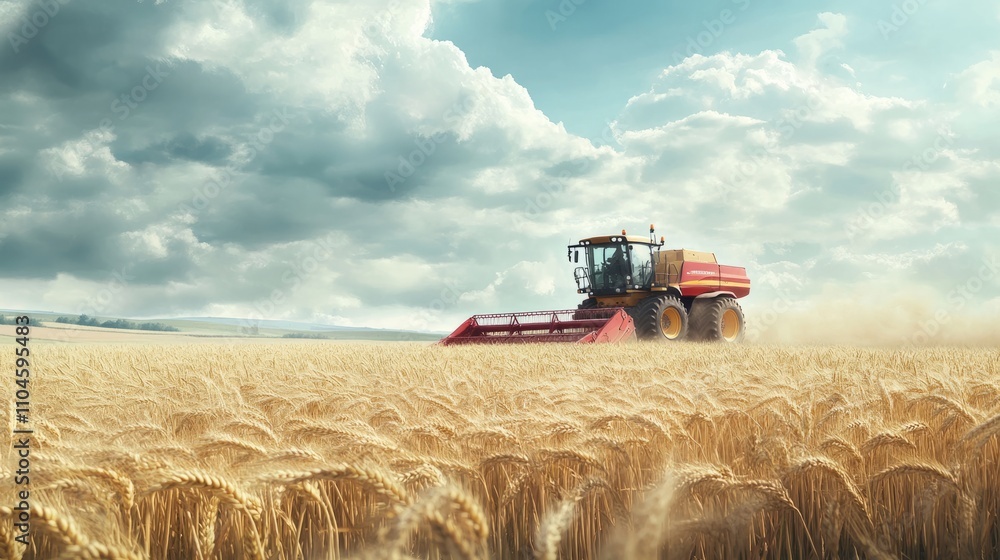 Obraz premium A precision harvester working in a field of wheat under cloudy skies