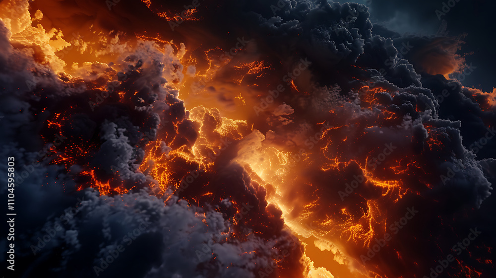Dramatic Scene of Glowing Orange Flames Crashing in Space Surrounded by Dark Clouds and Fiery Textures, Capturing the Intensity of Nature's Elements Dramatic Scene of Glowing Orange Flames Crashing in Space Surrounded by Dark Clouds and Fiery Textures, Capturing the Intensity of Nature's Elements
