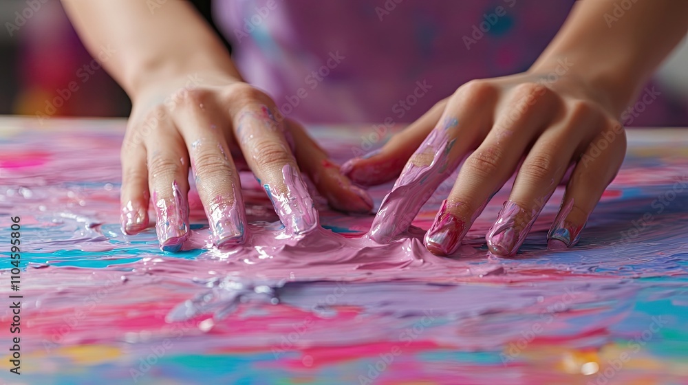 Obraz premium Creative Hands Engaging in Abstract Painting with Vibrant Colors