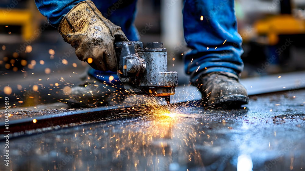 Industrial Worker's Closeup, Metal Cutting with Sparks Industrial Worker's Closeup, Metal Cutting with Sparks