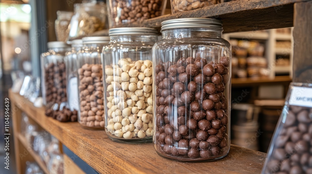 Glass Jars Filled with Various Nuts and Chocolate Treats Displayed Glass Jars Filled with Various Nuts and Chocolate Treats Displayed
