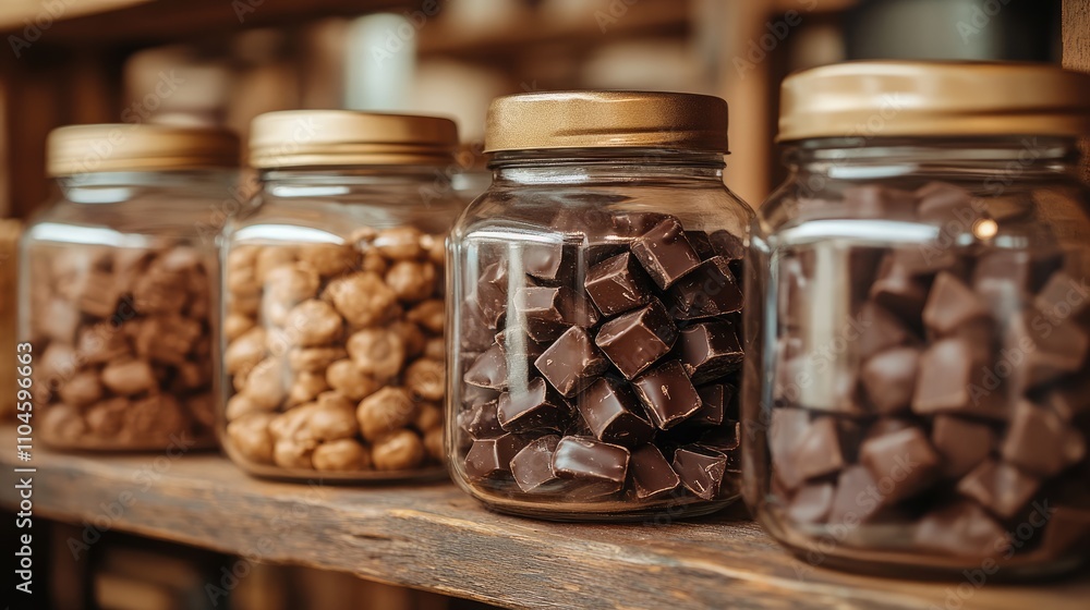 Jars of Chocolate Treats and Nuts on Wooden Shelf Display Jars of Chocolate Treats and Nuts on Wooden Shelf Display