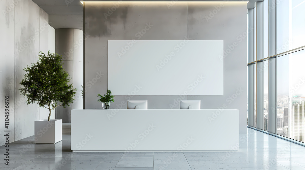 Modern Office Reception Area with Blank Mockup Sign Modern Office Reception Area with Blank Mockup Sign