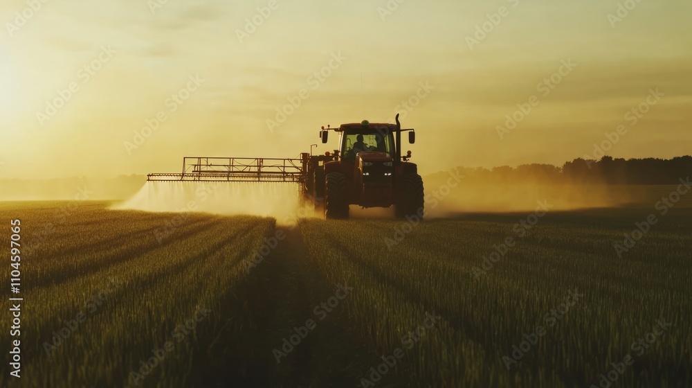 Fototapeta premium A tractor fitted with large tires driving through a muddy farm field