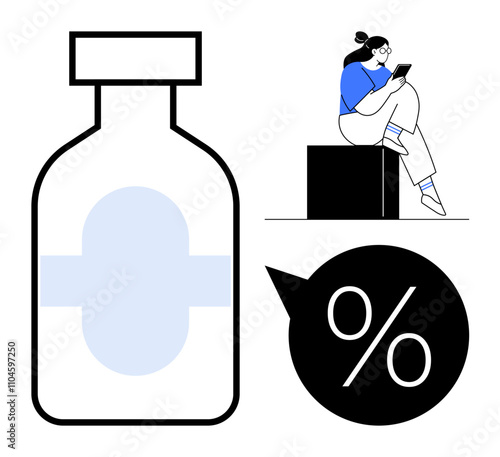 Medicine bottle next to person using tablet seated on block and percentage symbol in speech bubble. Ideal for healthcare, pharmacy, dosage tracking, medical research, patient care, pharmaceutical