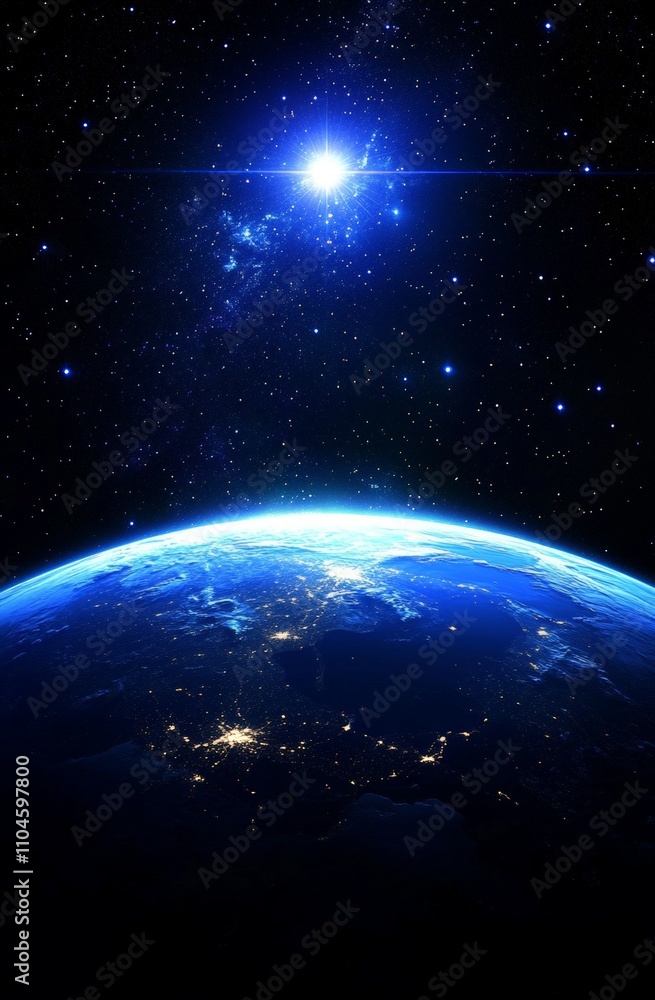 Obraz premium Earth from Space Blue White Planet Stars Halo Galactic Connection