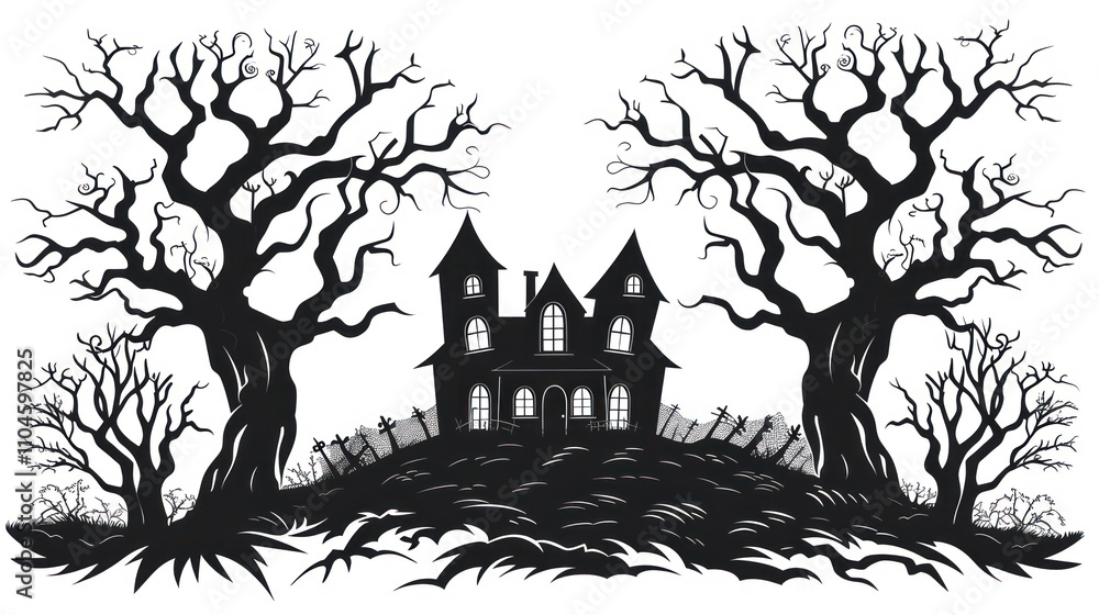 Haunted house silhouette with spooky trees. Haunted house silhouette with spooky trees.