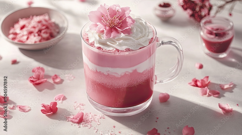 Delicate pink beverage topped with whipped cream and flower garnish Delicate pink beverage topped with whipped cream and flower garnish