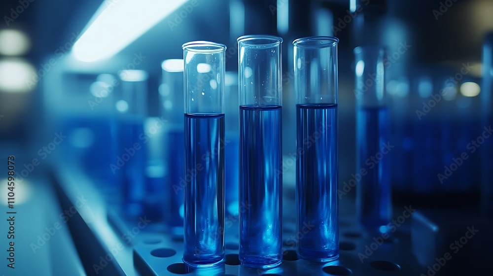 Close up of test tubes filled with blue liquid, Glass test tube filled background Close up of test tubes filled with blue liquid, Glass test tube filled background