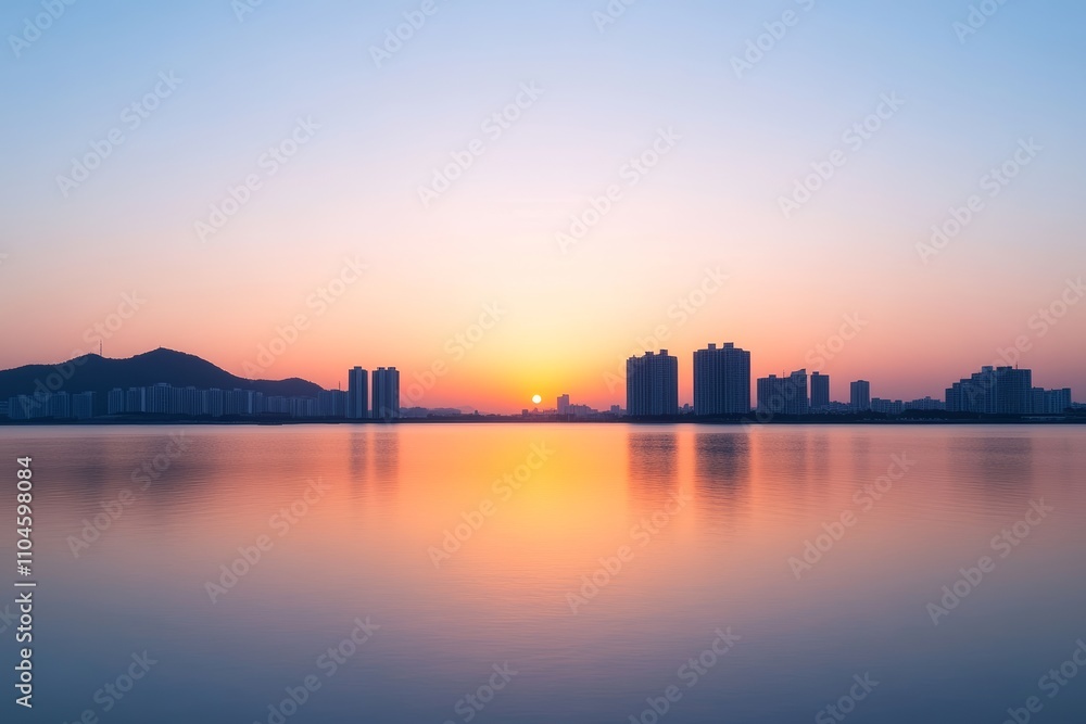 Fototapeta premium Sunrise over urban skyline reflecting on calm waters