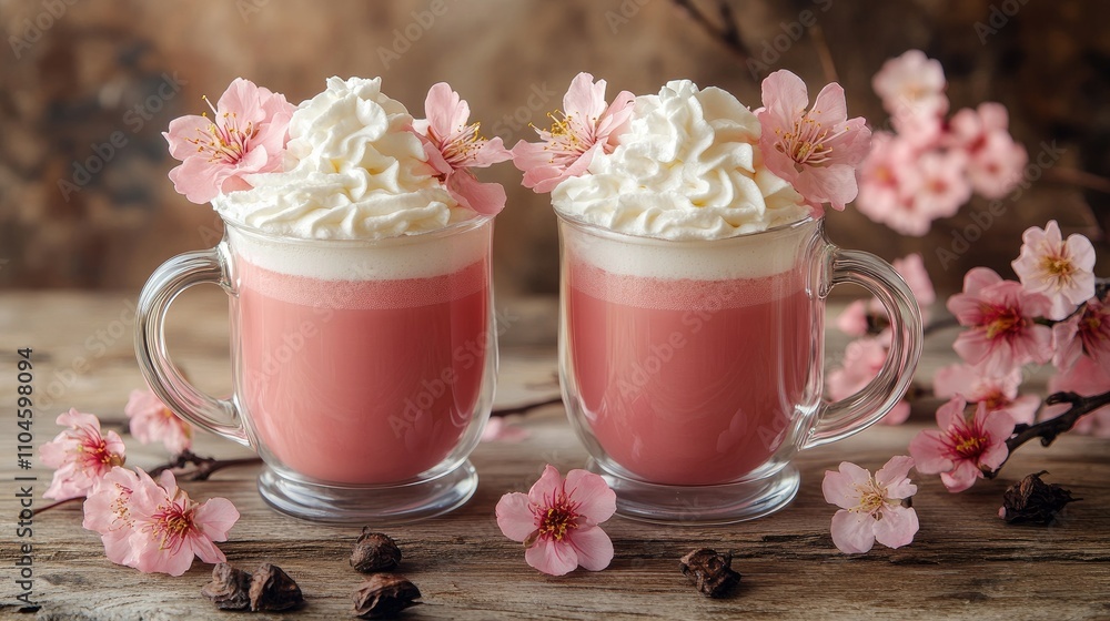 Pink Beverages with Cream and Cherry Blossoms on Wooden Table Pink Beverages with Cream and Cherry Blossoms on Wooden Table