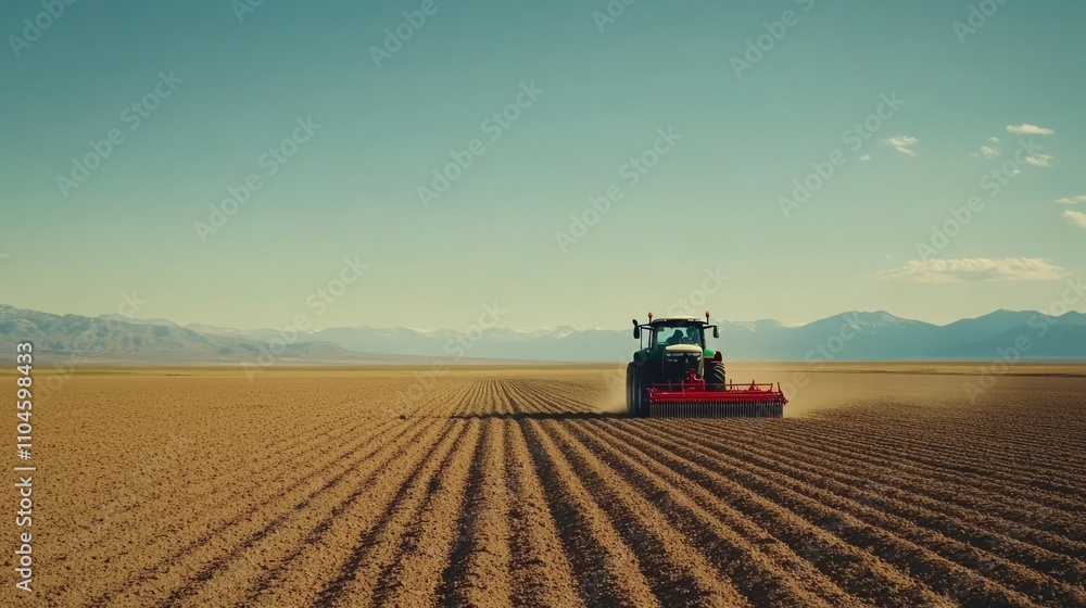 A tractor pulling a row planter in a freshly plowed field, with seeds being planted evenly A tractor pulling a row planter in a freshly plowed field, with seeds being planted evenly
