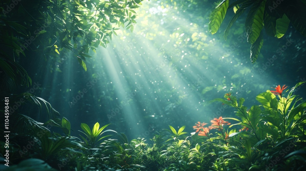 Fototapeta premium Sunbeams Through Rainforest Canopy