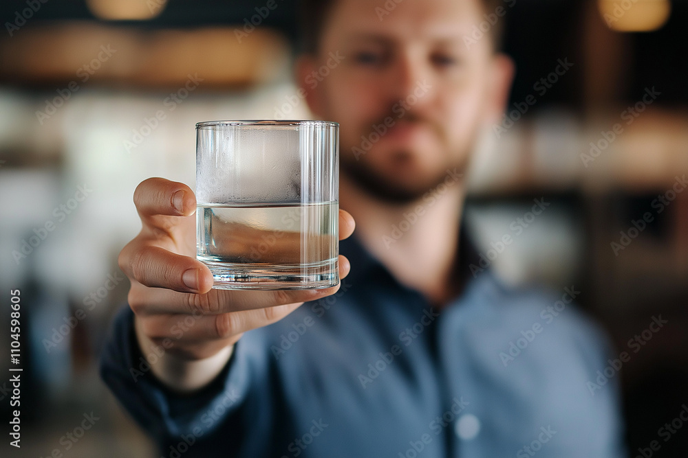 A man holding up water in his hand, with half of the glass showing a clear cup of pure, clean water.


