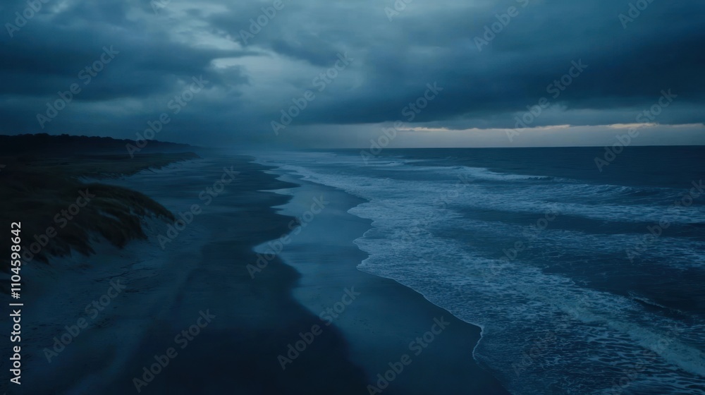 Fototapeta premium A serene coastal scene at dusk, featuring dark clouds and gentle waves.