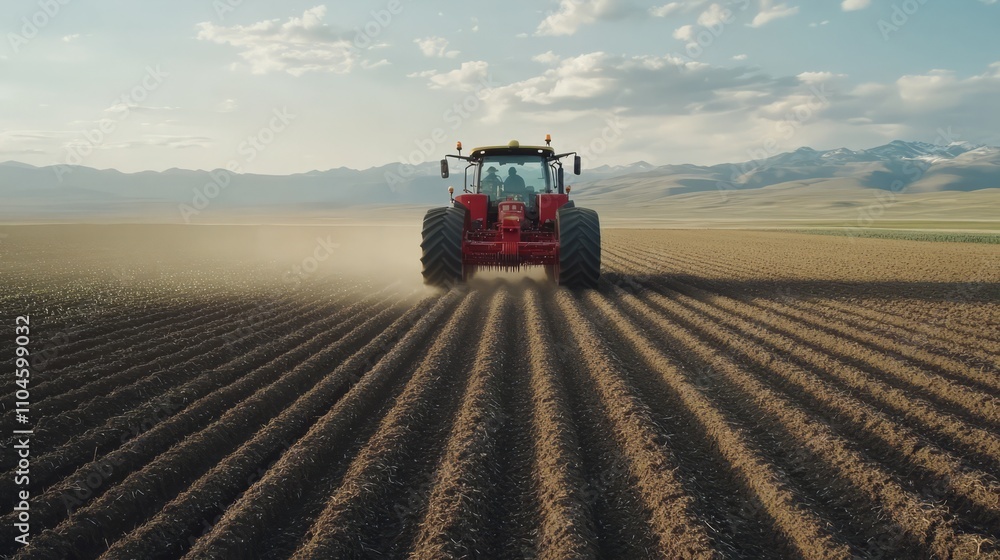 Obraz premium A tractor pulling a row planter in a freshly plowed field, with seeds being planted evenly