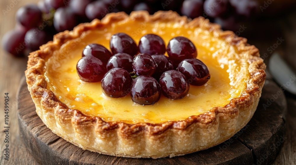 Delicious Fruit Tart with Grapes on Wooden Surface for Dessert Delicious Fruit Tart with Grapes on Wooden Surface for Dessert