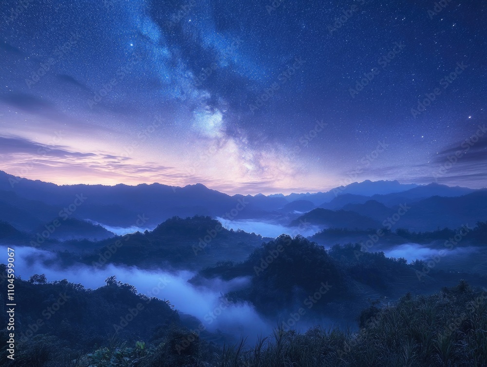 Fototapeta premium Majestic mountain vista under a star-filled sky with misty valleys and forests.