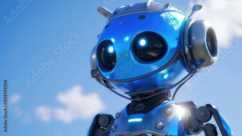 Blue robot with a microphone on its head. The robot is looking up at the camera. The sky is blue and there are clouds in the background