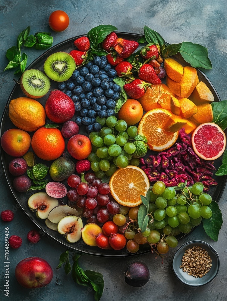 A variety of fresh fruits arranged in a circular pattern for healthy snacking. A variety of fresh fruits arranged in a circular pattern for healthy snacking.