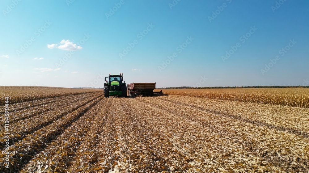 A tractor towing a grain cart through a harvested cornfield under a bright blue sky A tractor towing a grain cart through a harvested cornfield under a bright blue sky