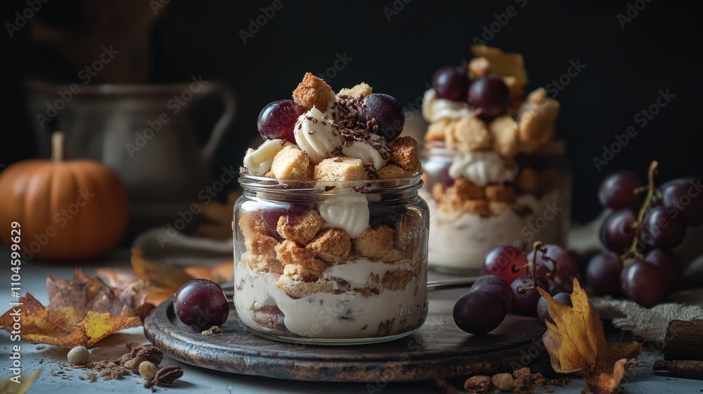Fototapeta premium Autumn Dessert with Layered Cream, Grapes, and Crunchy Toppings