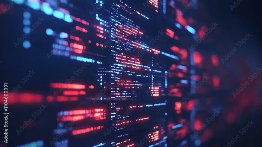 Naklejka premium Abstract digital data stream with glowing blue and red elements, representing technology.