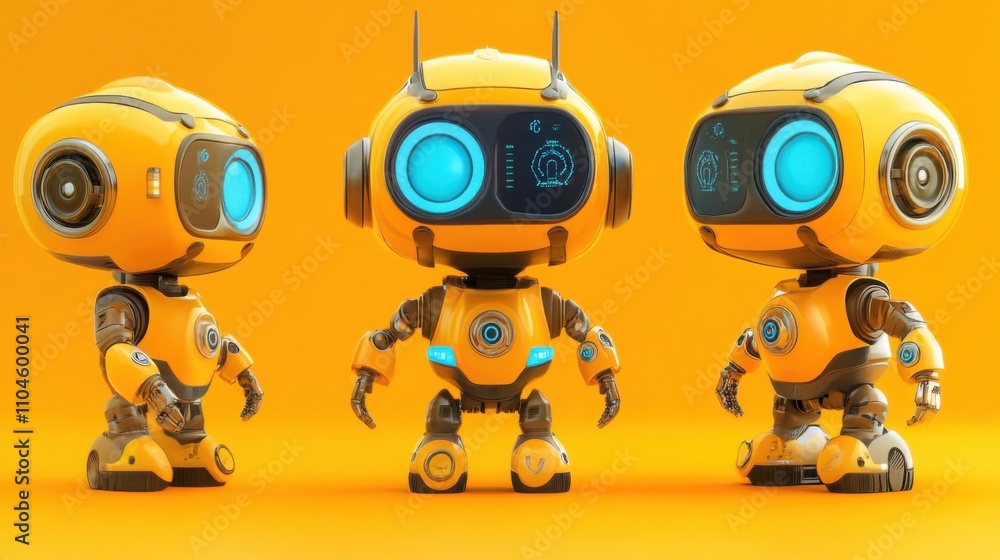 Cute Yellow Robots with Bright Blue Eyes on Vibrant Orange Background Cute Yellow Robots with Bright Blue Eyes on Vibrant Orange Background