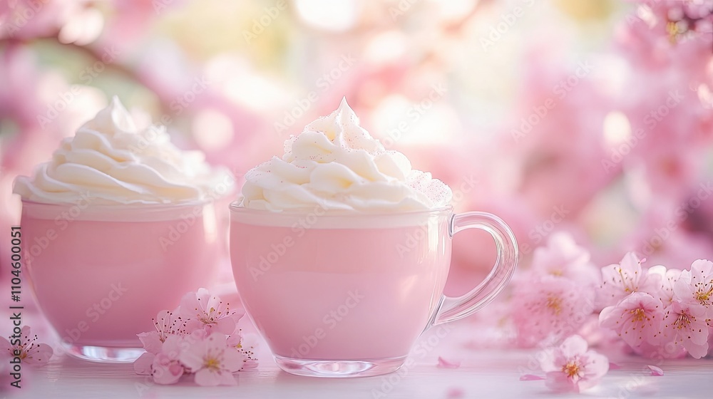 Delicate Pink Dessert Drinks with Cream and Blossom Background Delicate Pink Dessert Drinks with Cream and Blossom Background