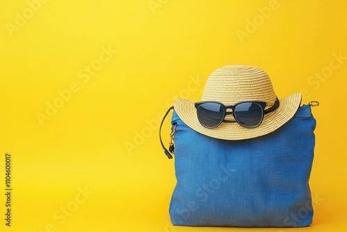 A stylish summer ensemble featuring a leather handbag, straw hat with sunglasses and blue clothing set against a yellow background. photo