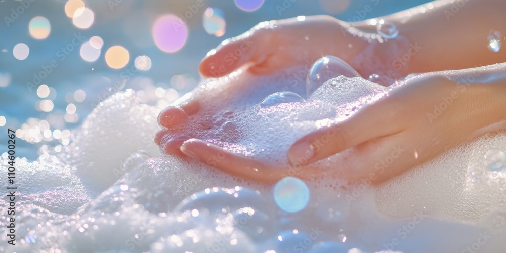 Person washing hands with bubbles in water. Person washing hands with bubbles in water.