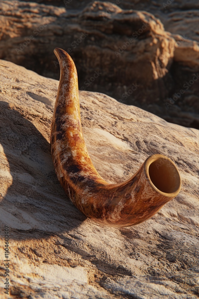 Naklejka premium Shofar, or ram's horn, lying on a rocky surface with a desert landscape in the background. It is an ancient musical instrument and religious symbol used in Jewish tradition.