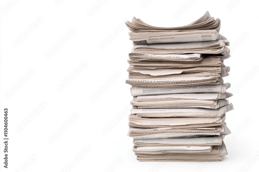 Towering stack of old newspapers on white background Towering stack of old newspapers on white background