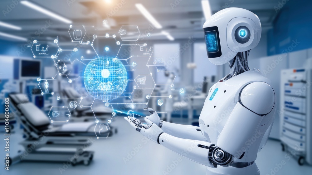 A humanoid robot interacting with digital data in a futuristic medical environment. A humanoid robot interacting with digital data in a futuristic medical environment.