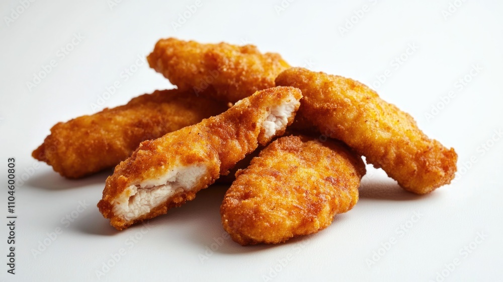 Battered and fried chicken bites on white background. Battered and fried chicken bites on white background.