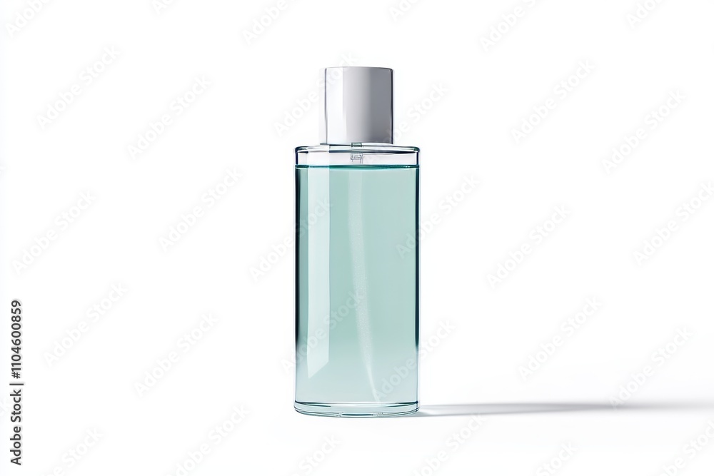 A clear bottle of perfume is sitting on a white background A clear bottle of perfume is sitting on a white background