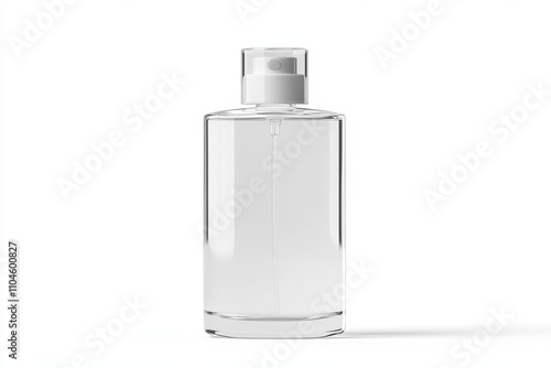 A clear bottle of perfume with a white cap