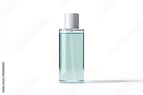 A clear bottle of perfume is sitting on a white background