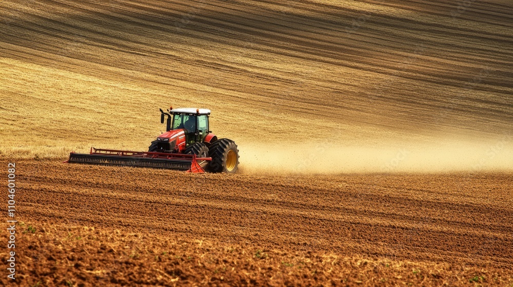 Fototapeta premium A tractor with a harrow attachment smoothing the surface of a field after plowing