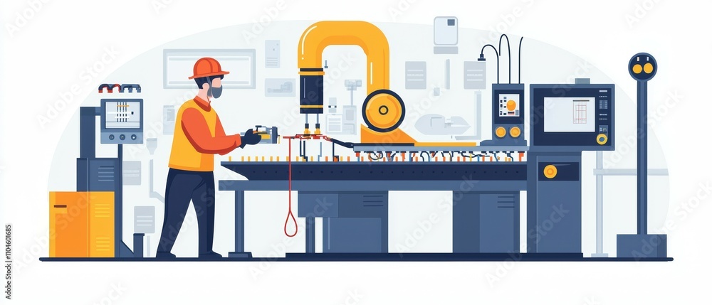 Digital illustration of repairman fixing wiring in factory conveyor system with technical expertise Digital illustration of repairman fixing wiring in factory conveyor system with technical expertise