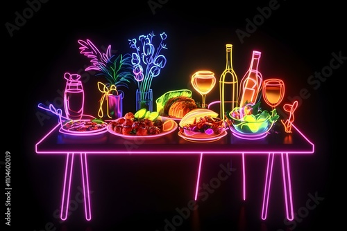 Neon outline of dining table with food and drinks at holiday open house isolated on black background.