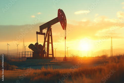 Oil well pump with oil derricks in the background against the sky. Oil and gas industry concept. 

 photo