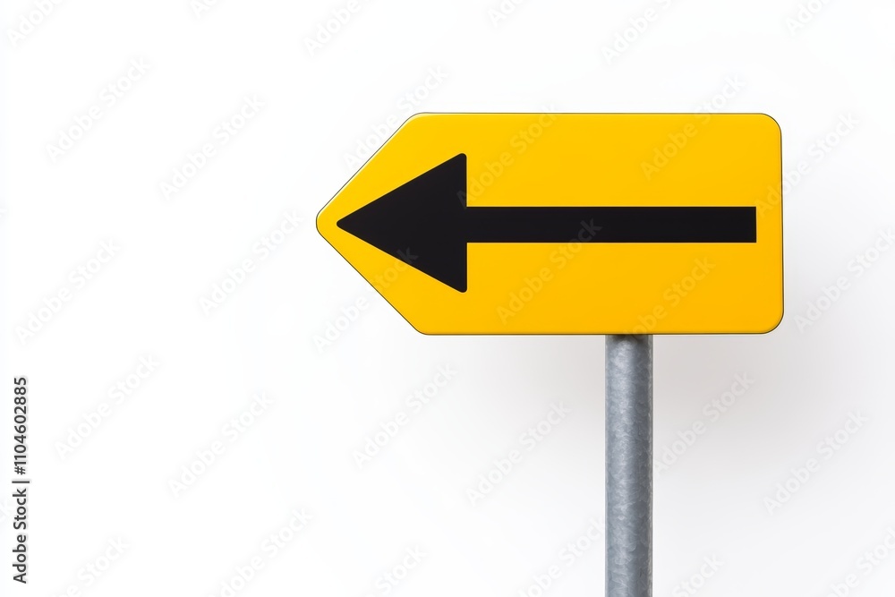 Yellow left arrow sign on metal post against white background Yellow left arrow sign on metal post against white background