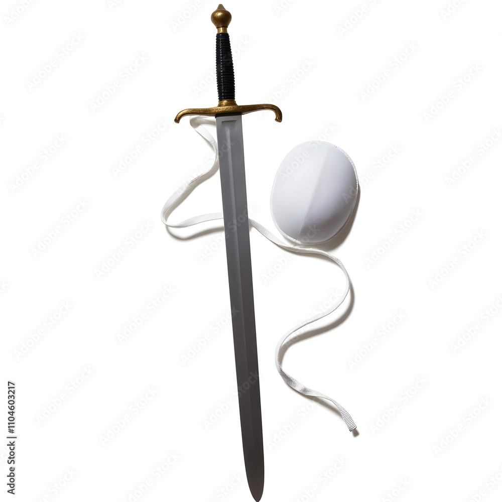 A fencing sword and mask on a white background