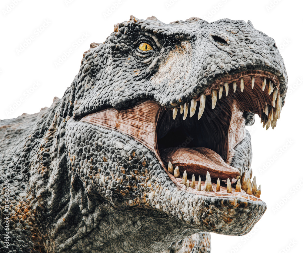Realistic dinosaur model with open mouth details, cut out - stock png. Realistic dinosaur model with open mouth details, cut out - stock png.